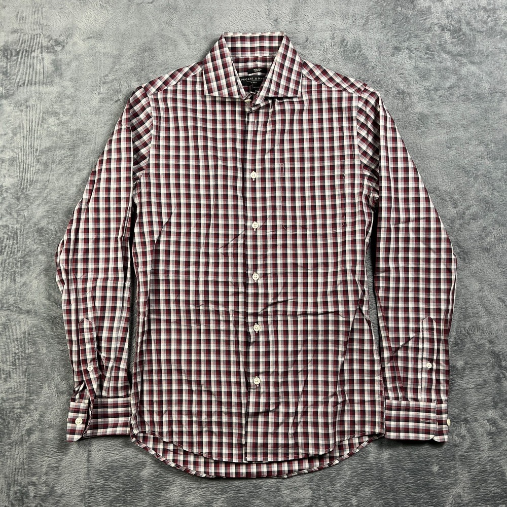 Pronto Uomo Dress Shirt Mens 14.5 Red Black Checkered Slim Fit Non Iron Cotton